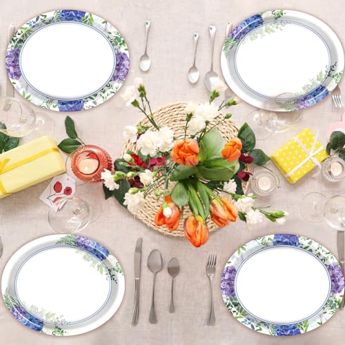 Hydrangea Pattern Disposable Paper Plates - 50 Pack 11-Inch Large Spring Floral Dinnerware Set