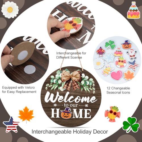 Interchangeable Welcome Sign for Front Door with Seasonal Accessories - Taupe Brown
