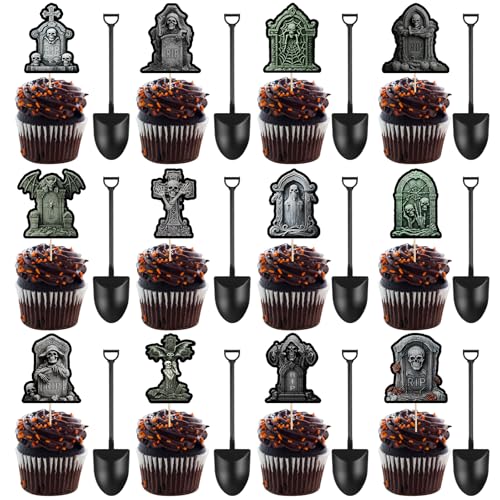 Halloween Cupcake Toppers with Tombstone & Shovel Spoons - Graveyard Cake Decorations, 48 Pieces