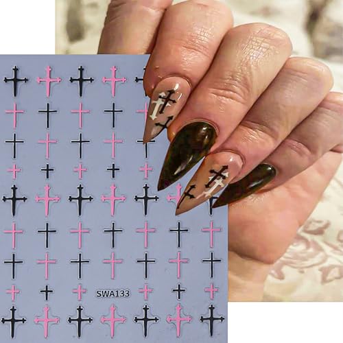 Gothic Cross Nail Decals Set for DIY Nail Art - 6 Sheets, Self-Adhesive, Black & Silver Designs