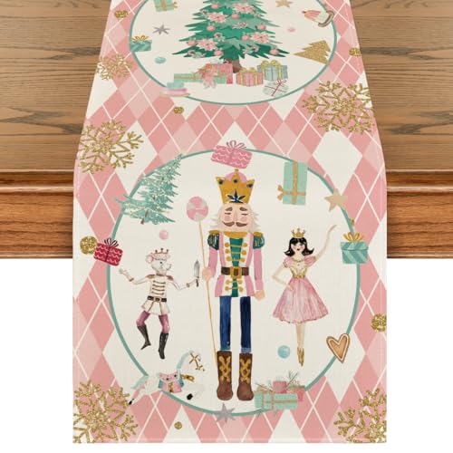 Pink 13x90 Inch Christmas Nutcracker Table Runner - Holiday Home Decor