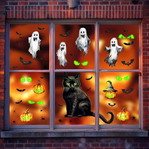 Halloween Ghost Cat Window Clings Pumpkin Bat Eyes Wall Decals - Variation of Cat Ghost