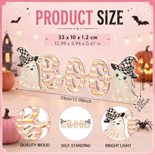 Pink Halloween LED Wooden Sign - Ghost Design, Rustic Home Decor, 3x4 Inches - Variation: Pink Ghost