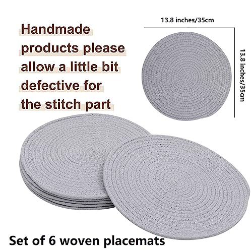 Gray Woven Cotton Placemat Set - Round 13.8 Inch Table Runners, 6 Pack