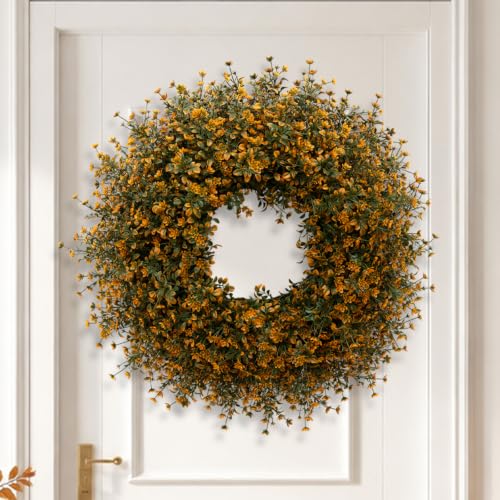 26 Inch Fall Boxwood Wreath for Front Door - Orange, Full Seasonal Home Decor