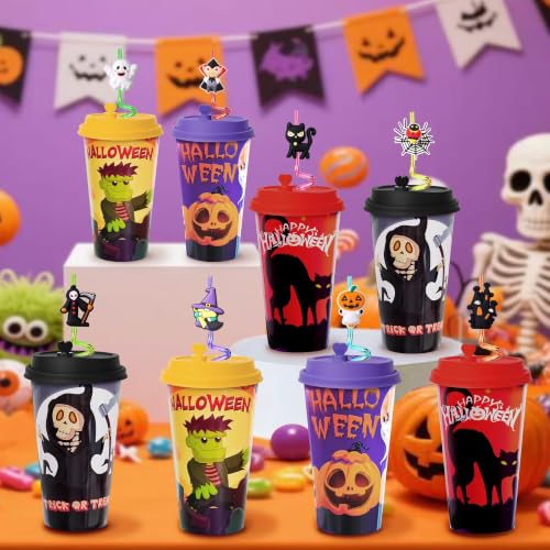 48 Pack Halloween Party Cups with Lids & Straws - Festive Favors & Decor - Variation of 48