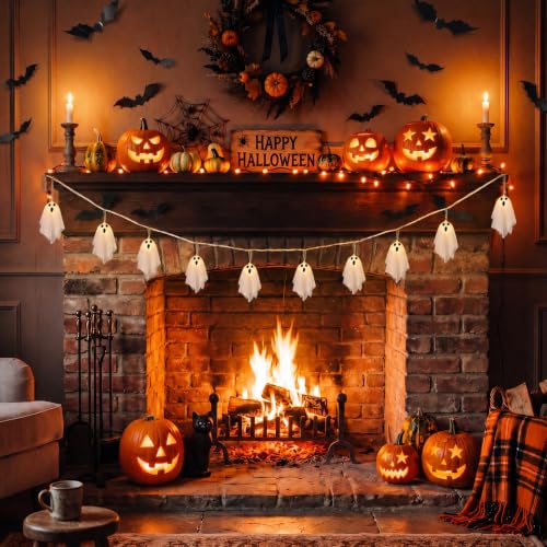 Halloween Ghost String Lights with 3D Bat Decorations - 9 ft Indoor Outdoor Decor