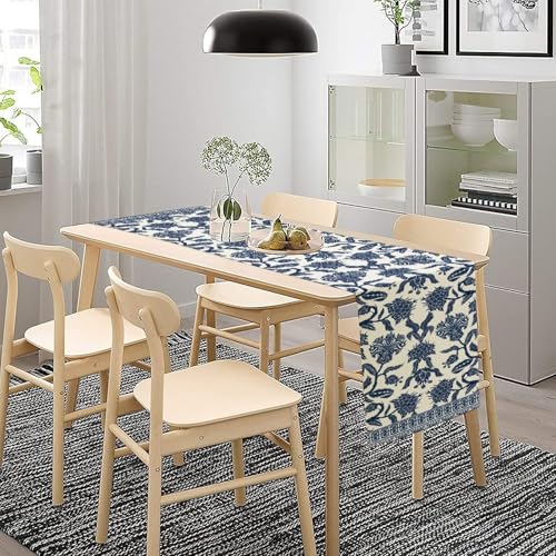 Asian Chinoiserie Blue Ceramic Table Runner 13x108in - Farmhouse Home Decor