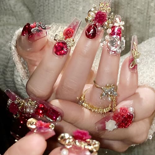 Press On Nails Coffin Medium with Bow Rhinestones Butterfly 3D Charm Set - Variation 26