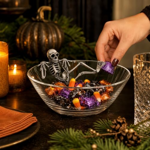 Halloween Skeleton Candy Dish Bowl - Handblown Glass & Pewter Decor - 10 Inch