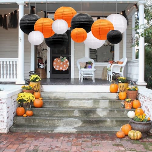 Halloween Paper Lanterns Set - Black, Orange, White 12pcs Decorative Hanging Decorations