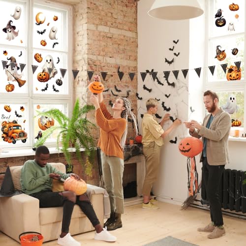 Halloween Window Clings Set - Ghost Pumpkin Bat Reusable PVC Decals for Party & Decoration