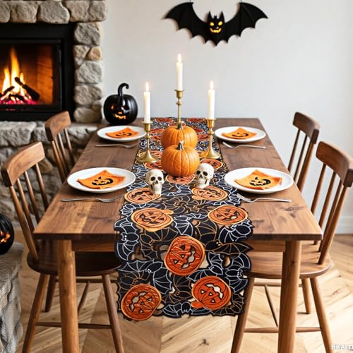 Halloween Table Runner 16x90 Inches Embroidered Pumpkin & Bat Design - Spooky Decor