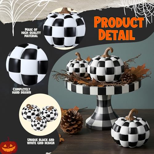 Black and White Checkered Fall Pumpkin Decor Set - Resin Halloween & Thanksgiving Table Ornaments - 3 Sizes