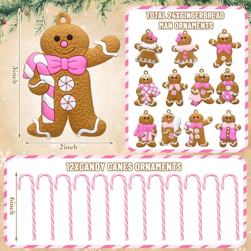 Pink Gingerbread Man & Candy Cane Christmas Ornaments Set - Holiday Decor