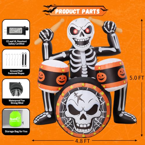 5 Ft Halloween Inflatable Skeleton with Music & LED Lights - Outdoor Yard Decor