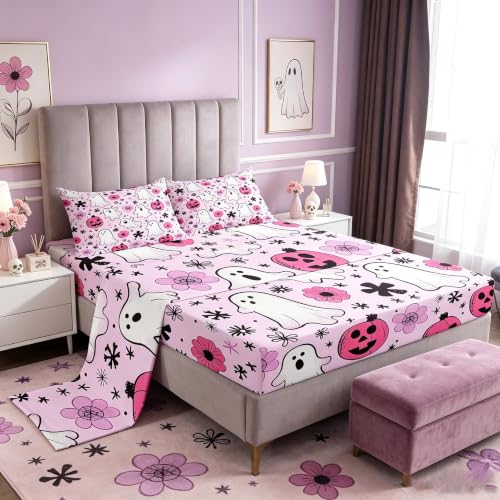 Kids Halloween Bed Sheets Set Full Coral Pink - Vibrant Microfiber Bedding