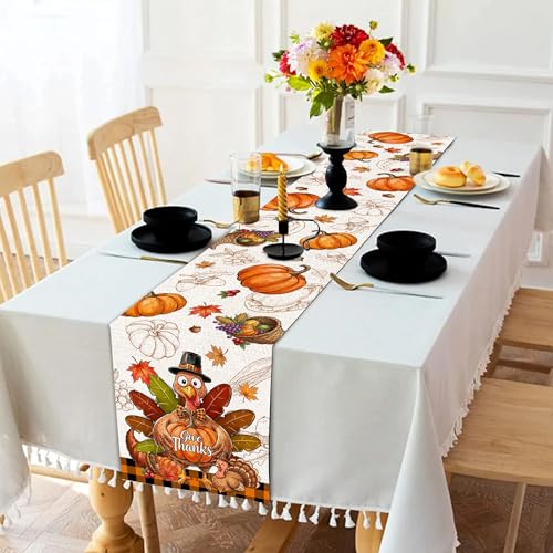 Thanksgiving Table Runner 13x108 Inches - Fall Decor, Turkey & Pumpkin Design