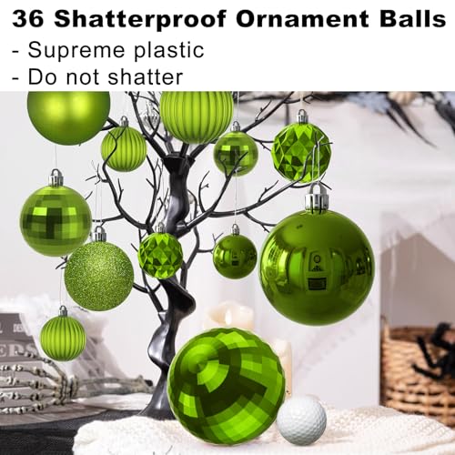 Assorted Lime Green Christmas Ornaments Set of 36 - Shatterproof Holiday Decorations