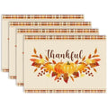 Thankful Fall Placemats Set of 4 - Pumpkin & Maple Leaf Table Decor, 12x18 Seasonal Autumn Tableware, Thanksgiving Kitchen Holiday - Cd-002