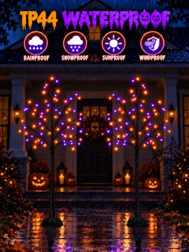 2-Pack 5FT Halloween Black Tree with Purple & Orange LED Lights - DIY & Weatherproof