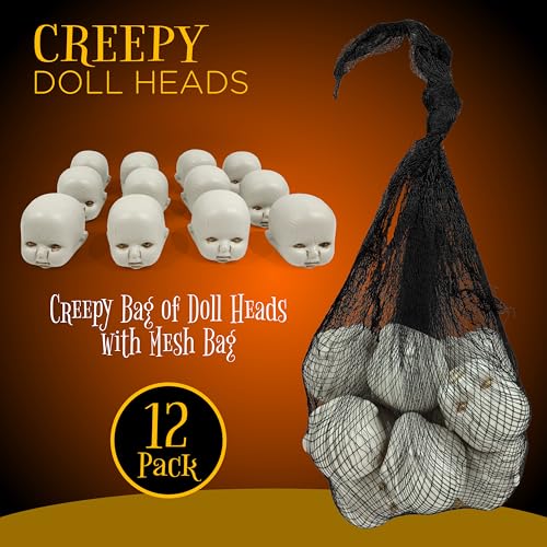 Halloween Creepy Doll Head Decorations - 12 Pcs Hanging Plastic Skulls for Haunted House & Spooky Decor