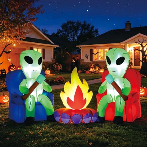 Halloween Inflatable Decor Alien Campfire - Cute Roasting Marshmallows with Built-in LEDs