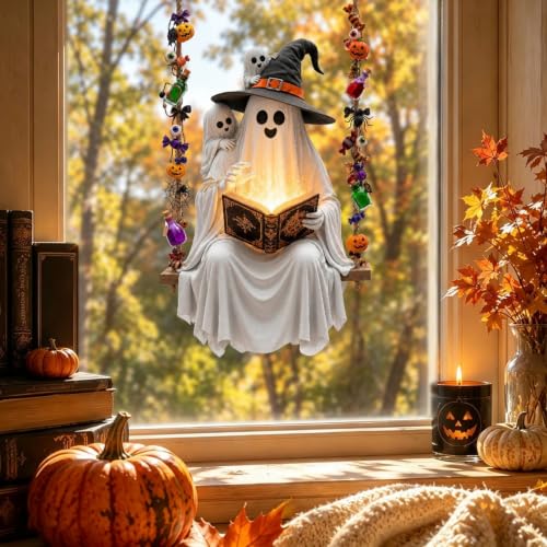 Halloween Ghost Window Clings - Spooky Reading Book Swing Design for Holiday Decoration - Variation 1280