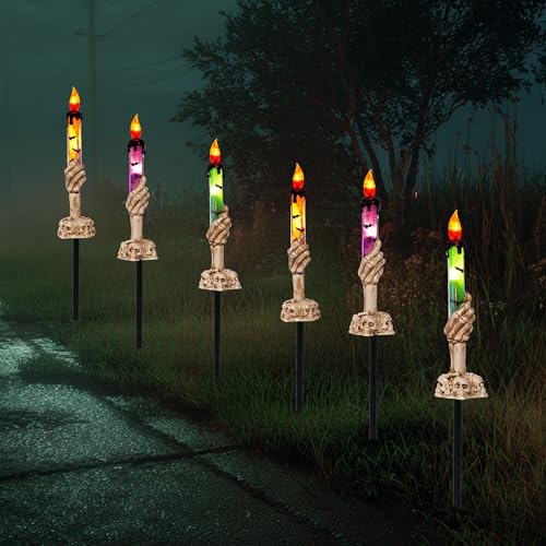 Halloween Skull Candle Stakes Set - 10 Pack Outdoor Waterproof Pathway Decor with Timer - Orange, Purple, Green