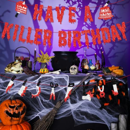 Halloween Birthday Banner Set - Glittery Scary Movie Night Party Decor