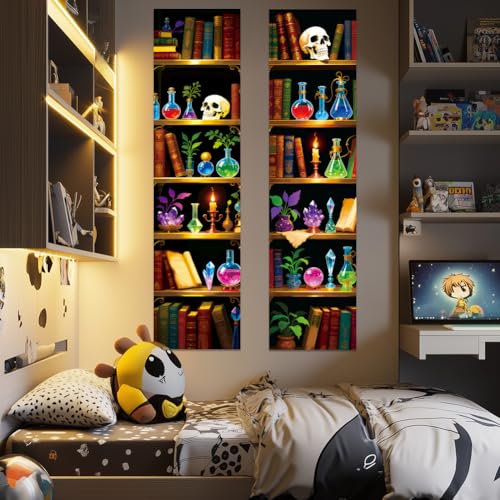 UV Reactive Black Light Tapestry - Magic Bookshelf Design, Trippy Wall Decor for Bedroom & Room Backdrop - 2 Pieces