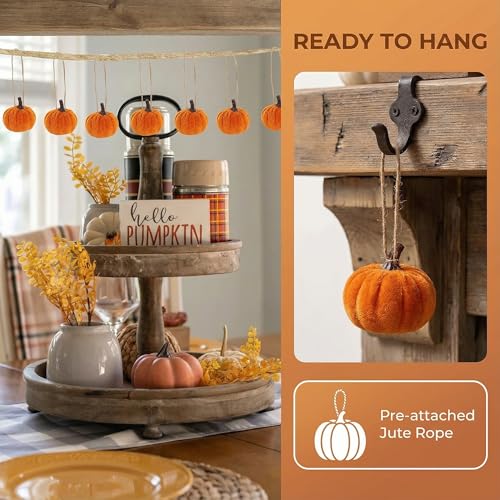 16 PCS Caramel Velvet Pumpkin Ornaments - Mini Hanging Fall Decor
