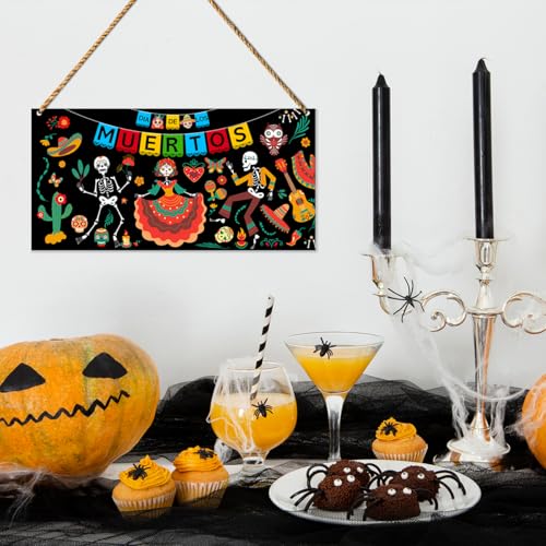 Day of The Dead Wooden Sign Decor - Mexican Sugar Skull Wall Hanging for Home Porch Patio