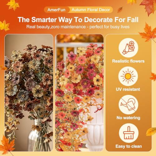 Autumn Artificial Flowers Set - Sunset, Dark Red & Dark Yellow Faux Silk Mums - 2PCS