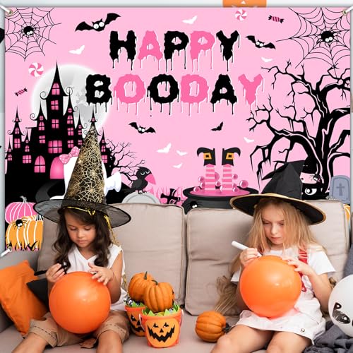 Happy Boo Day Banner Backdrop 7x5 ft Pink Halloween Birthday Decorations - Avezano