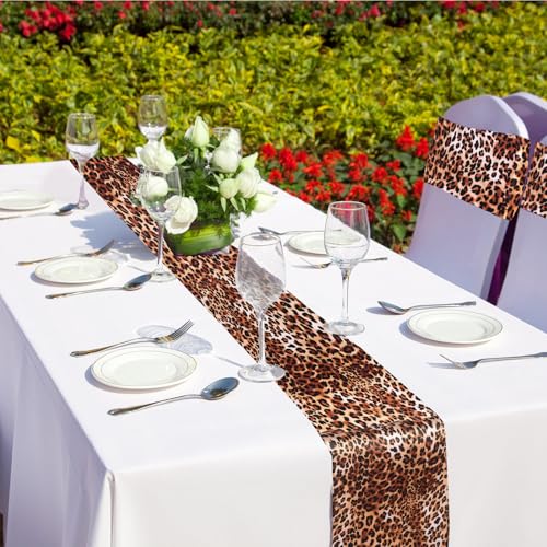 Leopard Print Chair Sash Set with 6 Table Runners - Brown Elastic Band & 14x108 Inch Decor
