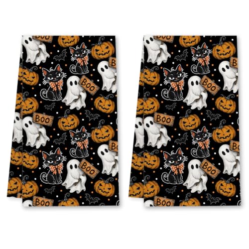 Halloween Kitchen Towels Set - Black Cat Ghost Boo Design, 2 Pcs, Towel13