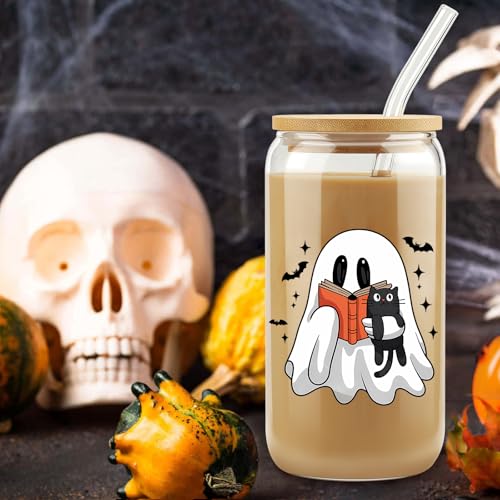 Halloween Ghost Cat Glass Cup 16Oz Iced Coffee Mug with Lids & Straws - Spooky & Cat Variation