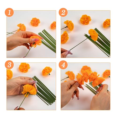 Artificial Marigold Flowers Set - 30 Pcs 3.54 Inch Orange Silk Flowers with Stems for Diwali Indian Wedding Home Decor, DIY Wreath Garland, Day of The Dead