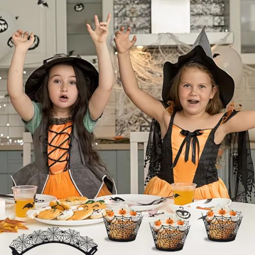 Black Halloween Cupcake Liners with Spider Web Toppers - 50 Pcs