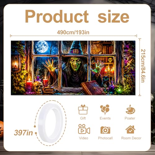 Halloween Garage Door Banner Cover - Spooky Witch & Black Cat Wall Mural - 7x16 FT - Variation 247