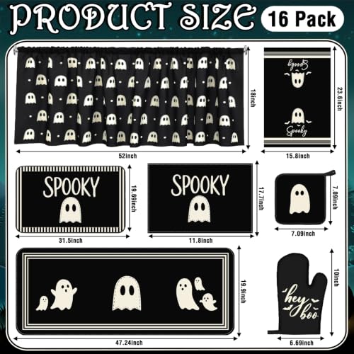 Halloween Kitchen Decor Set with Ghost Theme - 16 Pcs including Towels Rugs & More - Cute Ghost Variation