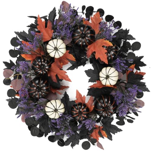 Halloween Wreath for Front Door - Black & White Pumpkins, 22 Inch - Variation: Black