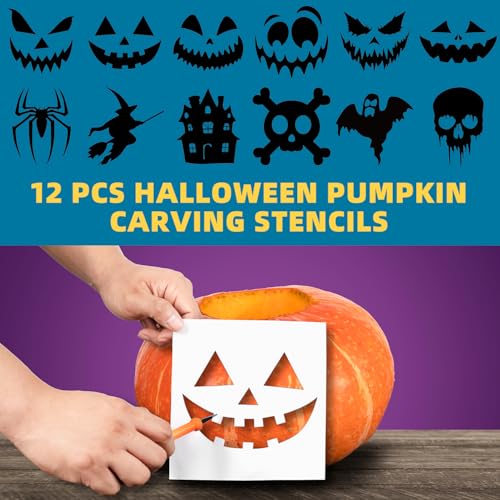 Halloween Pumpkin Carving Kit with 12 Stencils & Tools, Includes Bag