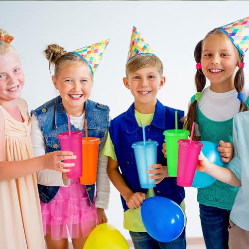 Neon 24 Pc Plastic Cups with Lids & Straws - 24 oz Reusable Tumblers for Parties