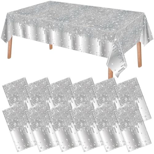 Disposable Glitter Diamond Tablecloths - Silver, 12 Pack, 54 x 108 Inches