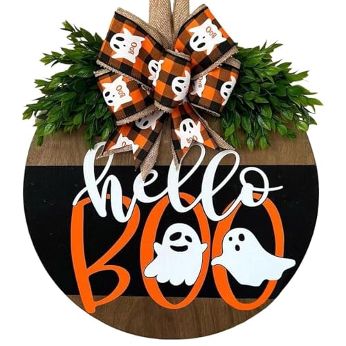 Halloween Wreaths for Front Door Cute Ghost Sign Decoration - Hello Boo Variation