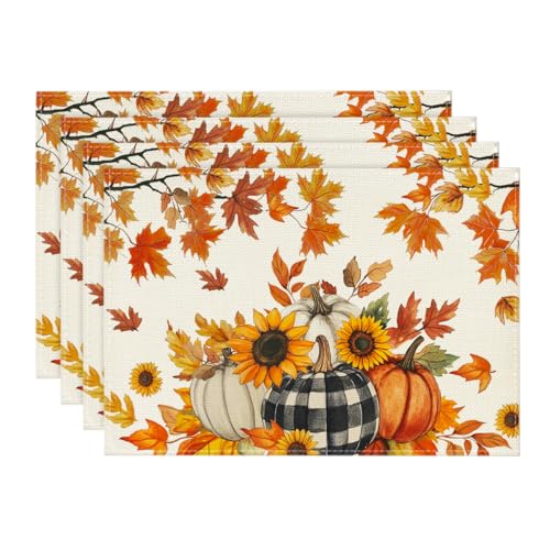 Rectangular Fall Placemats Set of 4 - Sunflowers & Pumpkins, 12 x 18 Inches, Beige