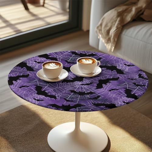 Round Cocktail Table Cover 24 Inch with Elastic Edge - Bat Spider Web Print Violet, Party Decor