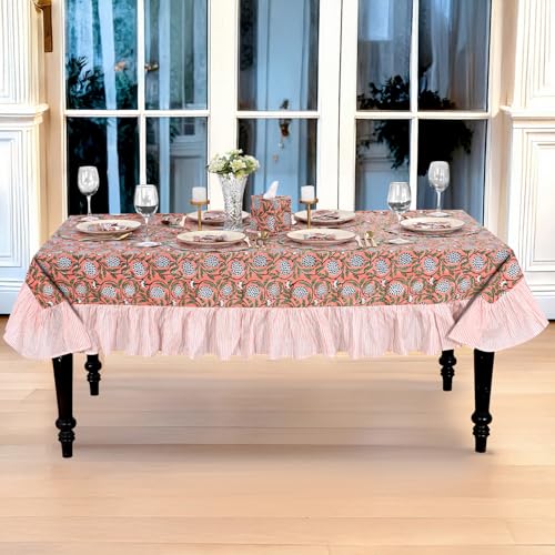 Dark Salmon Pink Cotton Ruffle Hand Block Print Tablecloth 60x60 Square - Ridhi